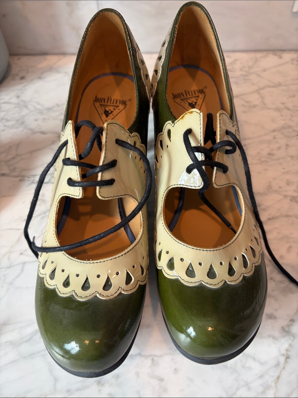 John Fluevog Olive Green and Cream Scalloped Patent Oxford Flats